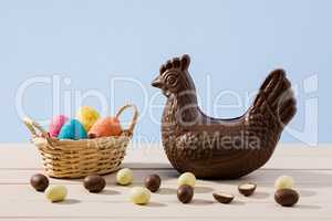 Easter chocolate hen and eggs on a table