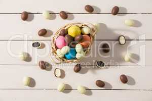 Easter colored eggs in a small basket seen from above