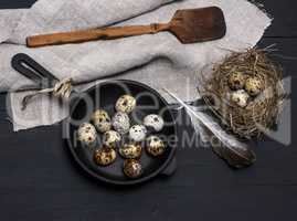 raw quail eggs in the shell lie in a black cast-iron frying pan