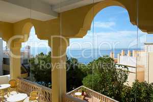 The sea view balcony at luxury hotel, Mallorca, Spain