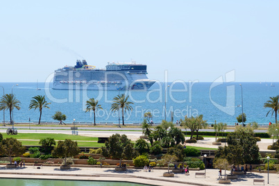 The view on shore and cruise ship in Palma de Mallorca, Spain