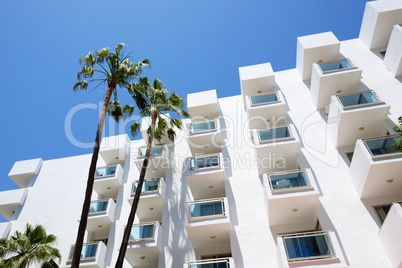 The palm tree and building of hotel, Mallorca, Spain