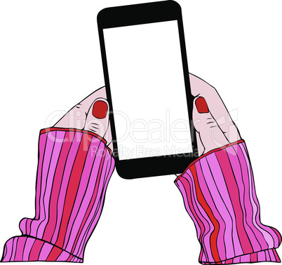 two female hands in a striped pink sweater are holding a black mobile phone with an empty white screen