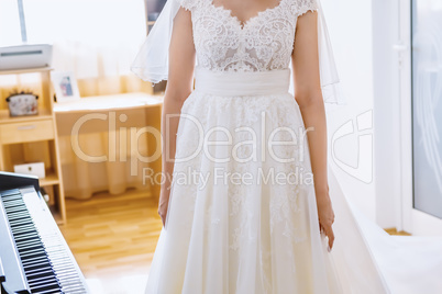 Bride in white dress closeup