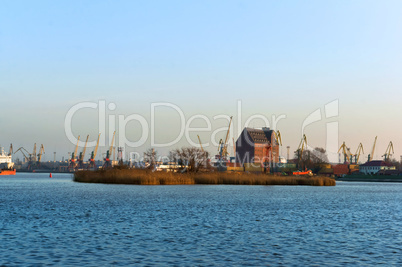 sea port, port cranes, gantry crane, ice-free Russian port on the Baltic sea Kaliningrad