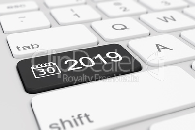 3d render - keyboard with black button - 2019 and calendar symbo