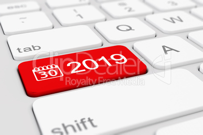 3d render - keyboard with red button - 2019 and calendar symbol.