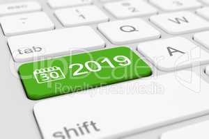 3d render - keyboard with green button - 2019 and calendar symbo
