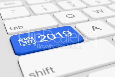 3d render - keyboard with blue button - 2019 and calendar symbol