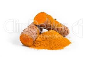 turmeric powder with turmeric root isolated on white