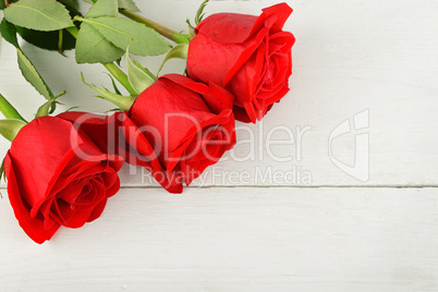 Beautiful red roses on a white wooden background. Flat lay, top