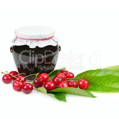 Cherries and jars of jam isolated on a white background.