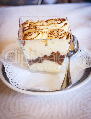 close-up view of a portion of Italian tiramisu