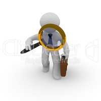 3d small business character with magnifying glass