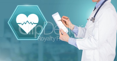 Doctor holding tablet with medical heart bpm rhythm interface hexagon icon