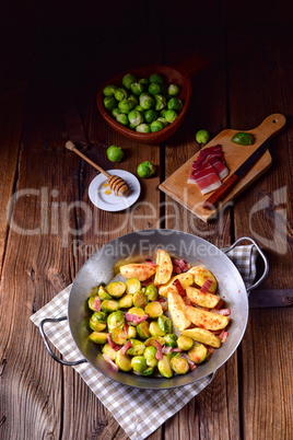 Brussels Sprouts with ham ,honey and roasted potatoes