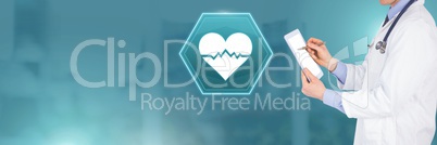 Doctor holding tablet with medical heart bpm rhythm interface hexagon icon