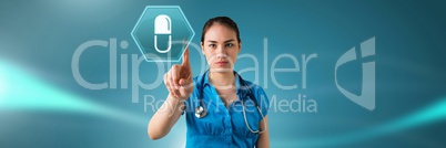 Female doctor interacting with medication pill icon in hexagon interface