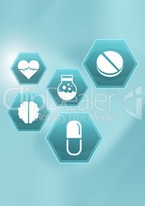 medicine drugs icons in hexagon interface