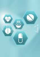 medicine drugs icons in hexagon interface