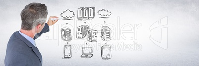 Businessman drawing servers network doodles