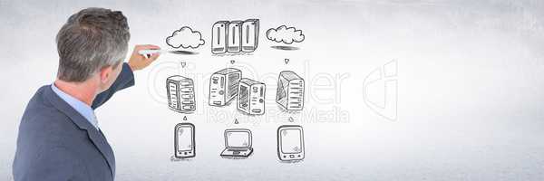 Businessman drawing servers network doodles