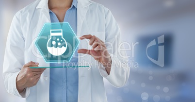 Doctor holding tablet with medicine interface hexagon icon