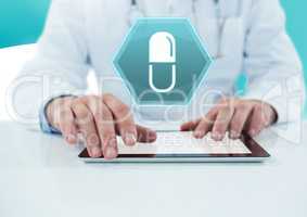 Male doctor holding tablet with medicine tablet drug interface hexagon icon