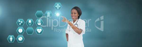 Female doctor interacting with medical hexagon interface