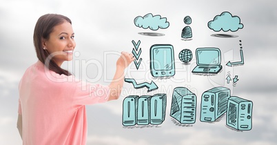 Servers network doodle being drawn by businesswoman's hand