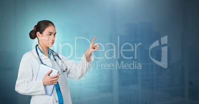 Female doctor interacting with air touch Female doctor interacting with air touch