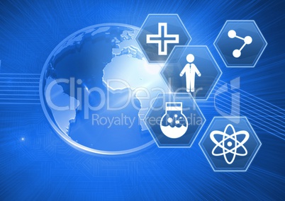 medical interface hexagon icons and world