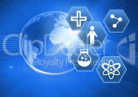 medical interface hexagon icons and world