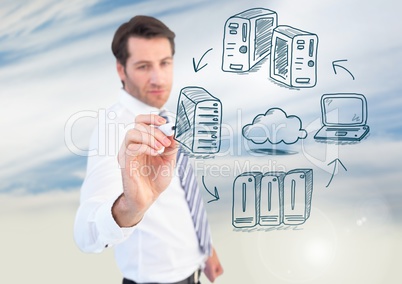 Servers network doodle being drawn by businessman's hand