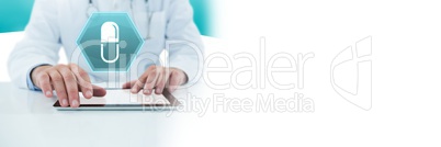 Male doctor holding tablet with medicine tablet drug interface hexagon icon