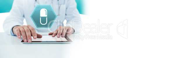 Male doctor holding tablet with medicine tablet drug interface hexagon icon