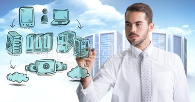Servers network doodle being drawn by businessman's hand