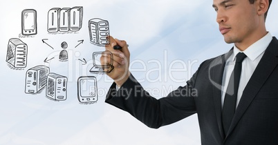 Servers network doodle being drawn by businessman's hand