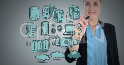 Servers network doodle being drawn by businesswoman's hand