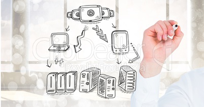 Servers network doodle being drawn by businessman's hand Servers network doodle being drawn by businessman's hand