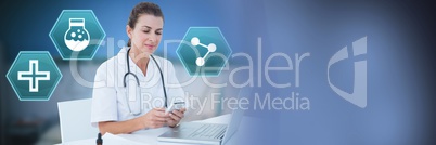 Female doctor using phone with medical interface hexagon icons