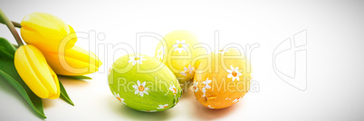 Three easter eggs with yellow tulips