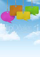 Hanging paper speech bubbles and sky background