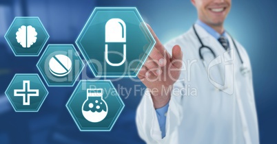 Male doctor interacting with medical hexagon interface