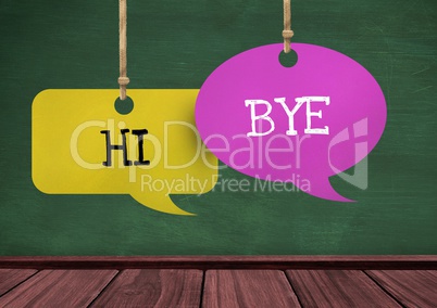Hi Bye text on hanging paper speech bubbles
