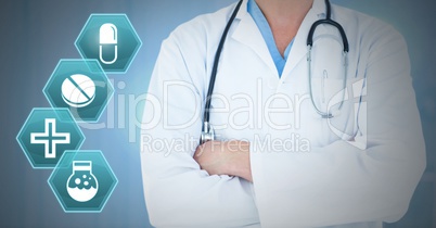 Doctor with medication pills icon in hexagon interface