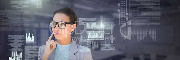 Businesswoman thinking with screen text interface