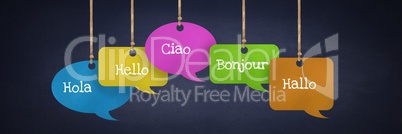 Different Languages text on hanging paper speech bubbles