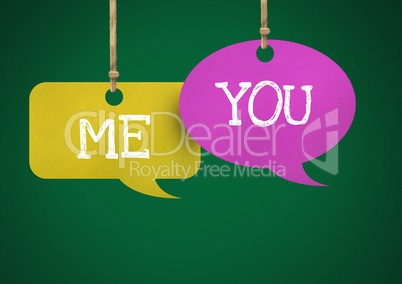 Me You text on hanging paper speech bubbles