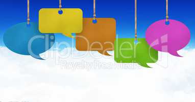 Hanging paper speech bubbles and sky background